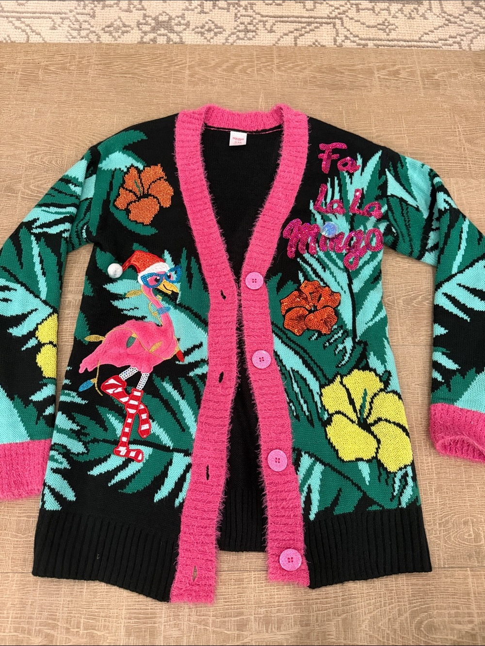 Fuchsia-Trim Tropical Flamingo Cardigan Sweater